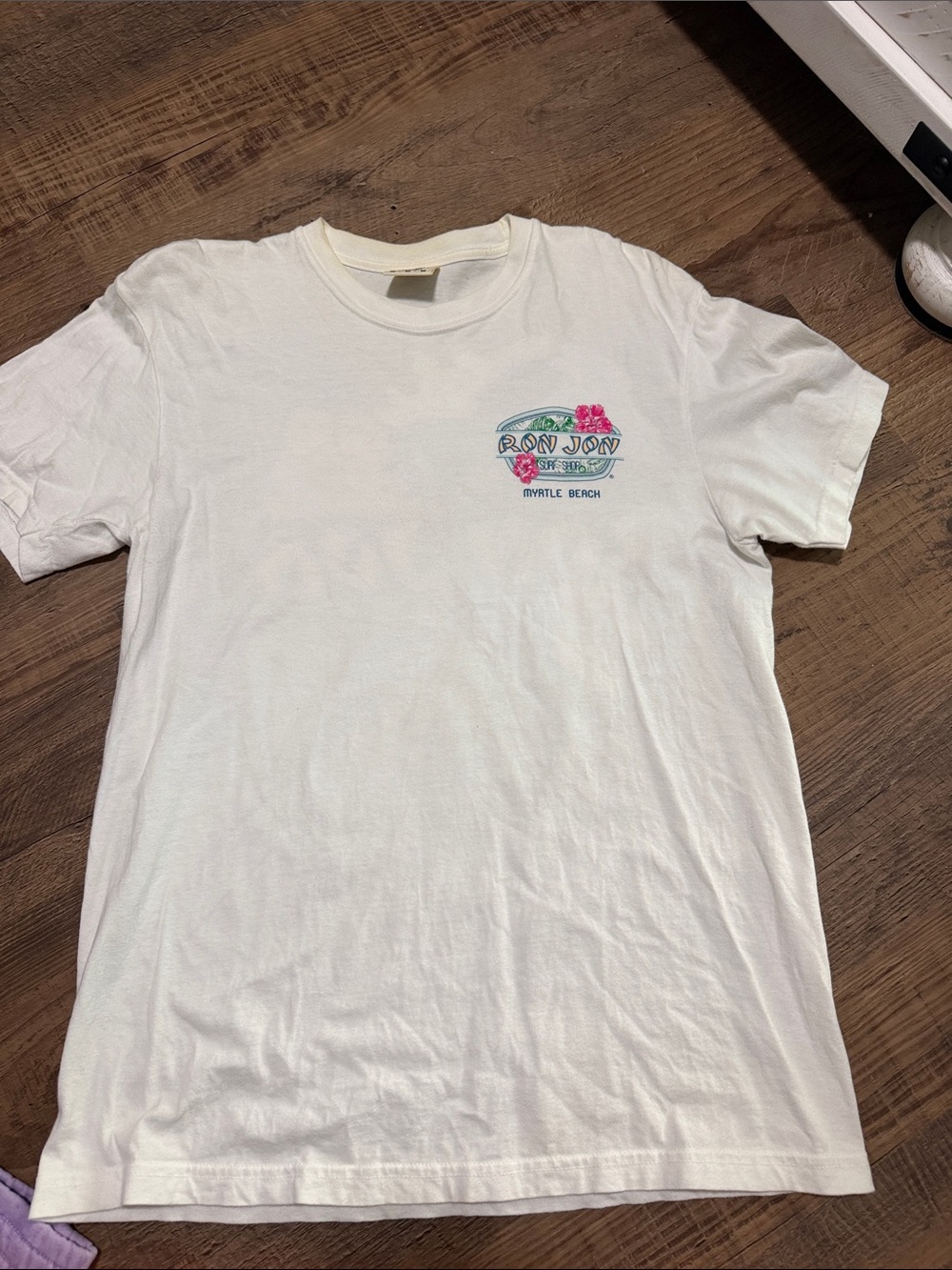 Ron Jon White Tee with Small Colorful Myrtle Beach Logo